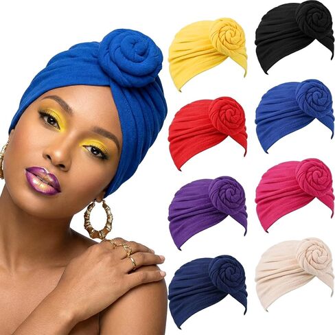 8 Pcs Women Turban African Pre Tied Bonnet Hairwrap Flower Knot Bonnet Beanie Cap Turban Head Wraps Headband Hat, Stretch Turbans Caps for Chemo Hair Loss, Head Scarf Beanie in 8 Colors in Saudi Arabia