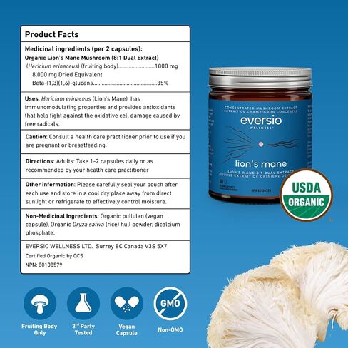 Eversio Wellness Organic Lion’s Mane Capsules – 8:1 Dual Extract, 500mg per Capsule, >35% Beta-Glucans – Fruiting Body Mushroom Supplement for Focus & Memory Support – 60 Vegan Capsules (Focus Now) in Saudi Arabia
