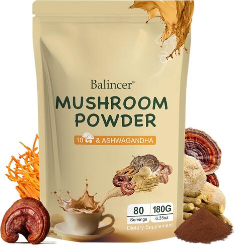 Balincer Mushroom Powder Supplement with 10 Mushrooms and Ashwagandha - Support Immunity, Gut Health & Stress Relief, 6.35 oz (80 Servings) in Kuwait