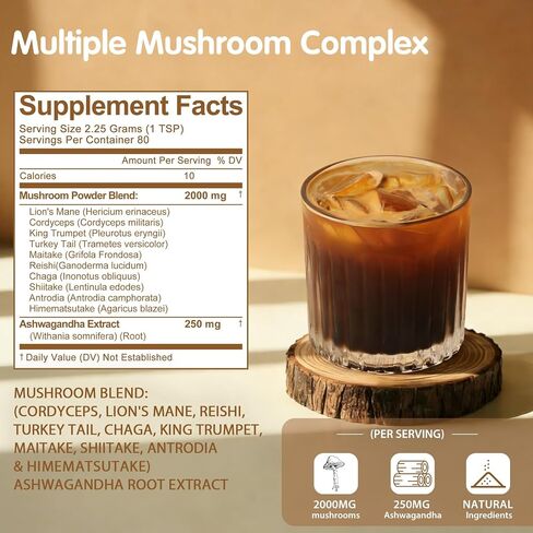 Balincer Mushroom Powder Supplement with 10 Mushrooms and Ashwagandha - Support Immunity, Gut Health & Stress Relief, 6.35 oz (80 Servings) in Kuwait
