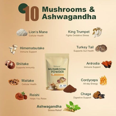 Balincer Mushroom Powder Supplement with 10 Mushrooms and Ashwagandha - Support Immunity, Gut Health & Stress Relief, 6.35 oz (80 Servings) in Kuwait