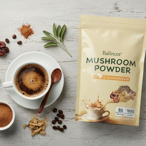 Balincer Mushroom Powder Supplement with 10 Mushrooms and Ashwagandha - Support Immunity, Gut Health & Stress Relief, 6.35 oz (80 Servings) in Kuwait