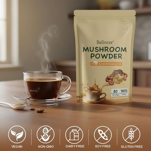 Balincer Mushroom Powder Supplement with 10 Mushrooms and Ashwagandha - Support Immunity, Gut Health & Stress Relief, 6.35 oz (80 Servings) in Kuwait