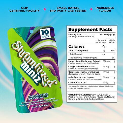 Shrumfuzed Miniz - Proprietary Nootropic Gummy - Now with New Improved Taste - Lion's Mane, Reishi, Chaga, Cordycep, and Proprietary Nootropic Mushroom Blend (10pk, Assorted) in Saudi Arabia