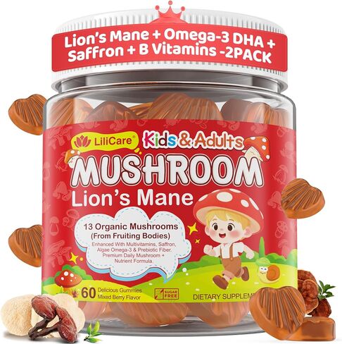 Lions Mane Mushroom Focus Gummies for Kids, Teens & Adults, 24-IN-1 Brain Gummies with Saffron, Algae Omega-3, Chaga, Reishi, Magnesium, Methyl B12, B6 for Memory, Attention, Energy, Sugar Free,2Packs in Kuwait