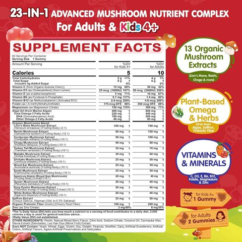Lions Mane Mushroom Focus Gummies for Kids, Teens & Adults, 24-IN-1 Brain Gummies with Saffron, Algae Omega-3, Chaga, Reishi, Magnesium, Methyl B12, B6 for Memory, Attention, Energy, Sugar Free,2Packs in Kuwait