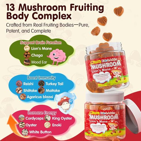 Lions Mane Mushroom Focus Gummies for Kids, Teens & Adults, 24-IN-1 Brain Gummies with Saffron, Algae Omega-3, Chaga, Reishi, Magnesium, Methyl B12, B6 for Memory, Attention, Energy, Sugar Free,2Packs in Kuwait