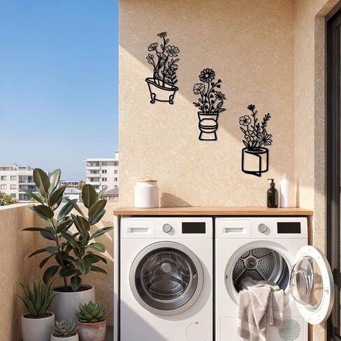 OurWarm 3 قطع من الزهور المعدنية لديكور جدار الحمام، ورق تواليت حوض الاستحمام، فن جدار الحمام، فن الزهرة السوداء الحديثة ديكور المزرعة لشقة غرفة الغسيل في الحمام - هدايا الانتقال لمنزل جديد in Kuwait