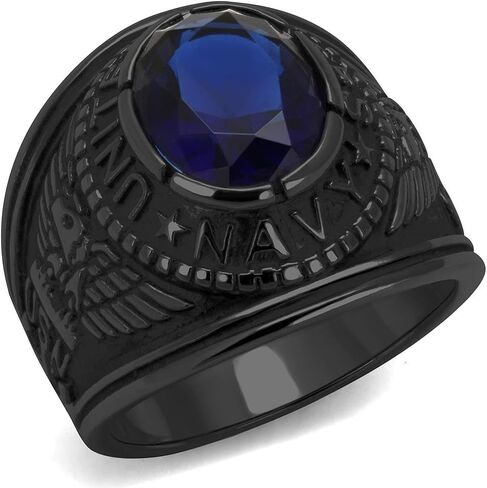 Mens United States Navy Military Silver Gold Black 316 Stainless Steel Blue Sapphire Oval CZ Wide Band Ring in Saudi Arabia