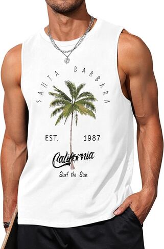 Mens Summer Beach Tank Top Tropical Hawaiian Palm Tree Sleeveless Shirts Gym Workout Muscle Tee Vacation Shirts in Saudi Arabia