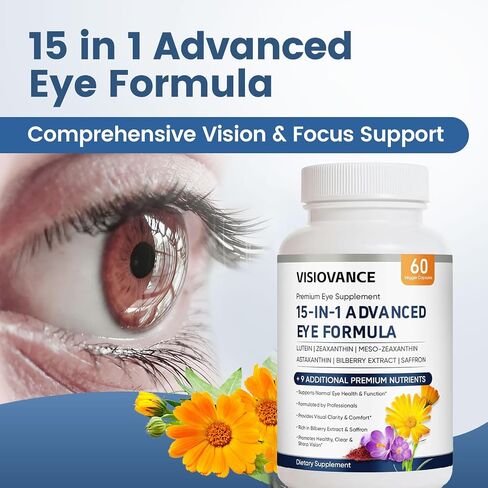 VisioVance 15 in 1 Advanced Eye Formula, Eye Vitamin and Mineral Supplement with Lutein, Zinc, Luteolin, Zeaxanthin & Bilberry Extract, 60 Count (1) in Saudi Arabia