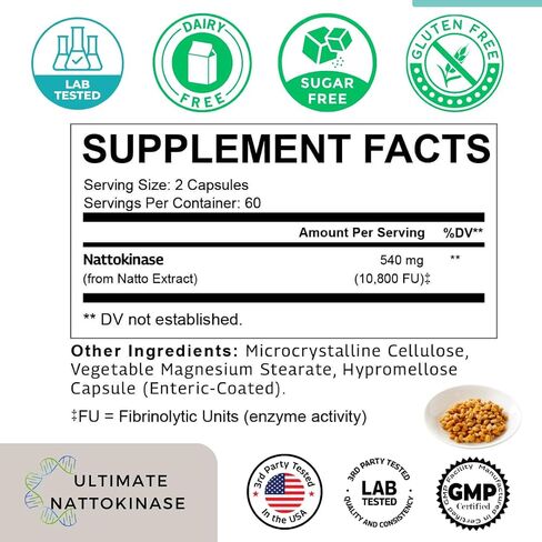 Nattokinase 10800 FU - Enzyme Activity with Ultimate Nattokinase Supplement, Enteric-Coated Capsules Aiding Digestion & Assisting Absorption - 120 Capsules in Saudi Arabia