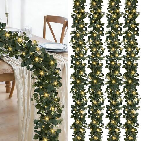 Eucalyptus Garland with Lights, 4 Packs 6FT Artificial Lighted Garland, Spring Summer Green Faux Garlands for Indoor Outdoor Home Decor Table Runner Wedding Arches Backdrops Decor in Saudi Arabia