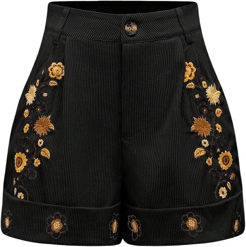 SHENHE Women's Corduroy Shorts Floral Embroidered High Waist Wide Leg Cottagecore Cuffed Shrots in Saudi Arabia