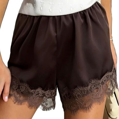 Women Cute Lace Trim Satin Mini Shorts Casual Coquette Elastic Waist Loose Fit Wide Leg Going Out Half Slip Bottoms in Saudi Arabia
