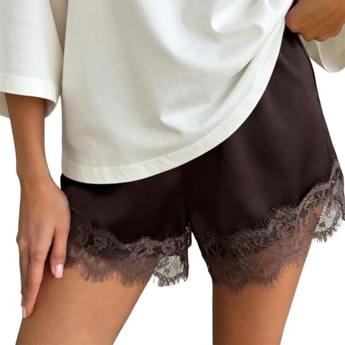 Women Cute Lace Trim Satin Mini Shorts Casual Coquette Elastic Waist Loose Fit Wide Leg Going Out Half Slip Bottoms in Saudi Arabia