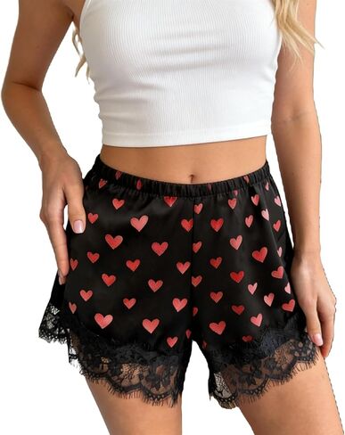 Women Cute Lace Trim Satin Mini Shorts Casual Coquette Elastic Waist Loose Fit Wide Leg Going Out Half Slip Bottoms in Saudi Arabia
