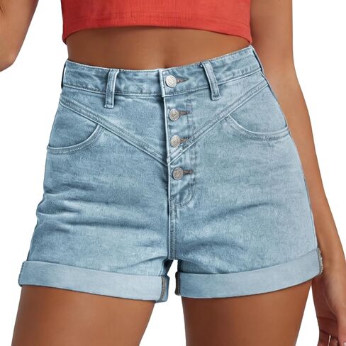BISUAL Jean Shorts Womens Stretchy High Waist Button Closure Folded Hem Summer Casual Denim Shorts with Pockets in Saudi Arabia