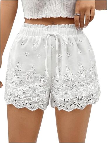 MakeMeChic Women's Wide Leg Drawstring High Waist Summer Shorts Lace Trim Comfy Lounge Shorts Beach Cruise Outfits in Kuwait