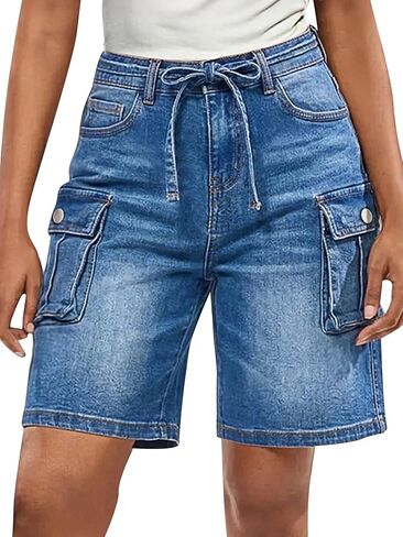 Flamingals Mid Waist Denim Bermuda Shorts for Women Drawstring Cargo Knee Length Trendy Jean Shorts with Flap Pockets in Kuwait