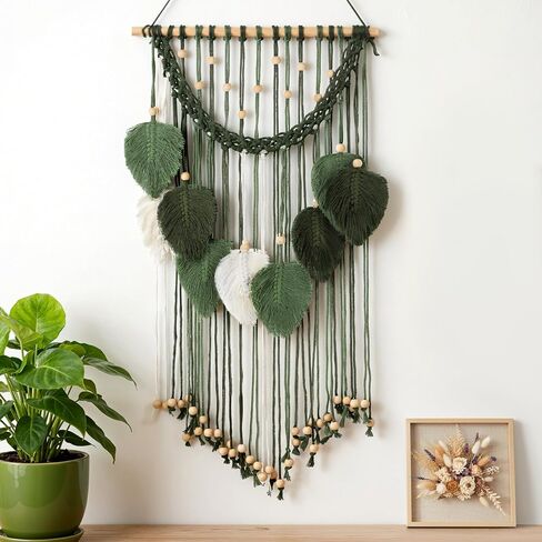 Oqqlin Green Macrame الجدار شنقا، 15.7 × 29.9 بوصة بوهو ورقة جدار ديكور نسيج حكيم الأخضر المنسوجة يدويا يترك زخارف الريش لغرفة النوم، غرفة المعيشة، الحضانة، شقة in Kuwait