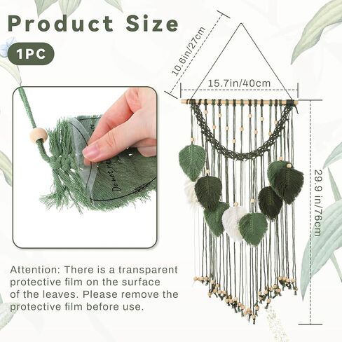 Oqqlin Green Macrame الجدار شنقا، 15.7 × 29.9 بوصة بوهو ورقة جدار ديكور نسيج حكيم الأخضر المنسوجة يدويا يترك زخارف الريش لغرفة النوم، غرفة المعيشة، الحضانة، شقة in Kuwait