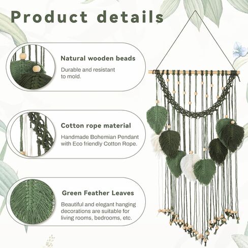 Oqqlin Green Macrame الجدار شنقا، 15.7 × 29.9 بوصة بوهو ورقة جدار ديكور نسيج حكيم الأخضر المنسوجة يدويا يترك زخارف الريش لغرفة النوم، غرفة المعيشة، الحضانة، شقة in Kuwait