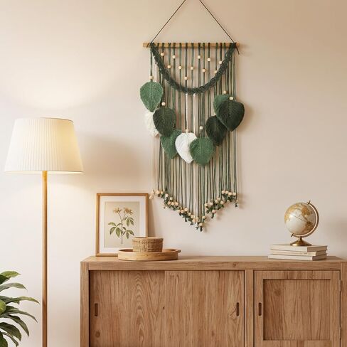 Oqqlin Green Macrame الجدار شنقا، 15.7 × 29.9 بوصة بوهو ورقة جدار ديكور نسيج حكيم الأخضر المنسوجة يدويا يترك زخارف الريش لغرفة النوم، غرفة المعيشة، الحضانة، شقة in Kuwait