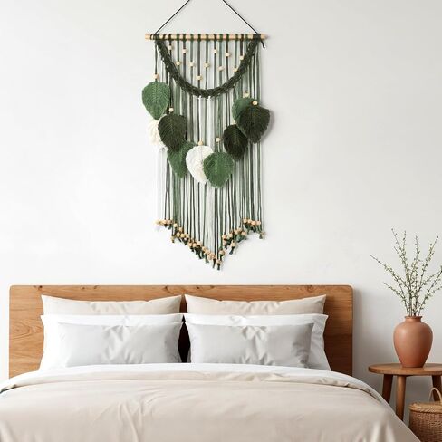 Oqqlin Green Macrame الجدار شنقا، 15.7 × 29.9 بوصة بوهو ورقة جدار ديكور نسيج حكيم الأخضر المنسوجة يدويا يترك زخارف الريش لغرفة النوم، غرفة المعيشة، الحضانة، شقة in Kuwait
