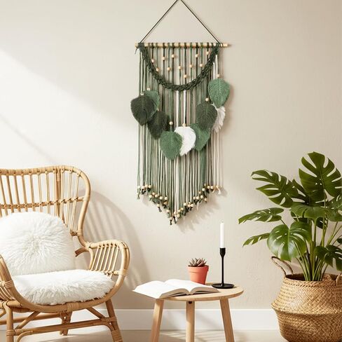 Oqqlin Green Macrame الجدار شنقا، 15.7 × 29.9 بوصة بوهو ورقة جدار ديكور نسيج حكيم الأخضر المنسوجة يدويا يترك زخارف الريش لغرفة النوم، غرفة المعيشة، الحضانة، شقة in Kuwait
