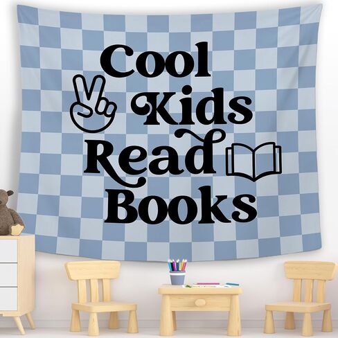 MNASAIOO Checkered Blue Reading Classroom Wall Tapestry Hanging, Cool Kids Read Books Banner Tapestries, Nursery Reader Wall Decor for Boys Book Lovers School Library Reading Nook Corner Dorm 50x60in in Kuwait