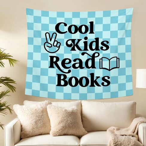 MNASAIOO Checkered Blue Reading Classroom Wall Tapestry Hanging, Cool Kids Read Books Banner Tapestries, Nursery Reader Wall Decor for Boys Book Lovers School Library Reading Nook Corner Dorm 50x60in in Kuwait