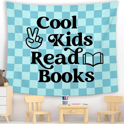 MNASAIOO Checkered Blue Reading Classroom Wall Tapestry Hanging, Cool Kids Read Books Banner Tapestries, Nursery Reader Wall Decor for Boys Book Lovers School Library Reading Nook Corner Dorm 50x60in in Kuwait