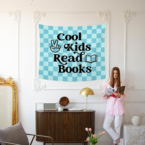 MNASAIOO Checkered Blue Reading Classroom Wall Tapestry Hanging, Cool Kids Read Books Banner Tapestries, Nursery Reader Wall Decor for Boys Book Lovers School Library Reading Nook Corner Dorm 50x60in in Kuwait