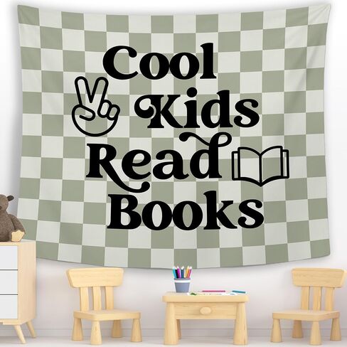MNASAIOO Checkered Blue Reading Classroom Wall Tapestry Hanging, Cool Kids Read Books Banner Tapestries, Nursery Reader Wall Decor for Boys Book Lovers School Library Reading Nook Corner Dorm 50x60in in Kuwait