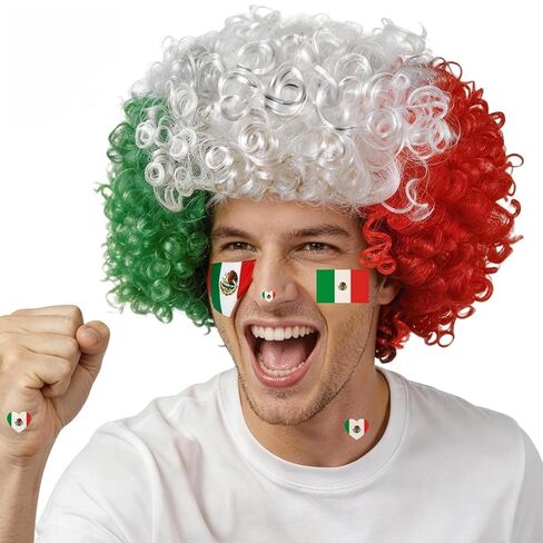 Mexican Flag Colors Afro Wig for 2026 World Soccer Game Sport Cup, National Flag Green White Red Curly Afro Wig Hair for Women Men Cheering Fans Costume Outfit Sports Football Party Supplies in Saudi Arabia