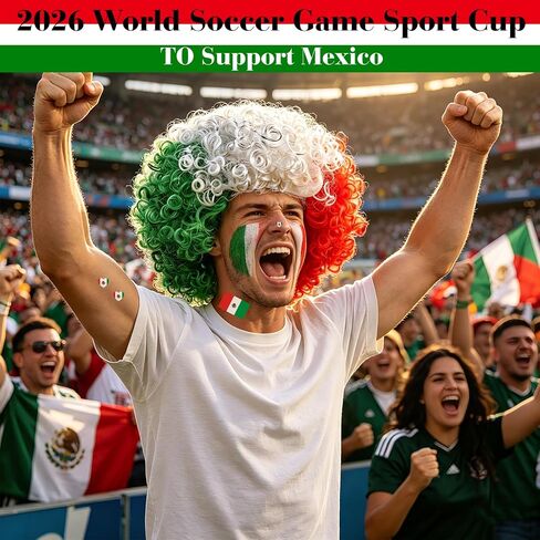 Mexican Flag Colors Afro Wig for 2026 World Soccer Game Sport Cup, National Flag Green White Red Curly Afro Wig Hair for Women Men Cheering Fans Costume Outfit Sports Football Party Supplies in Saudi Arabia