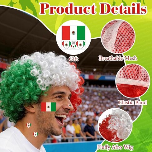 Mexican Flag Colors Afro Wig for 2026 World Soccer Game Sport Cup, National Flag Green White Red Curly Afro Wig Hair for Women Men Cheering Fans Costume Outfit Sports Football Party Supplies in Saudi Arabia