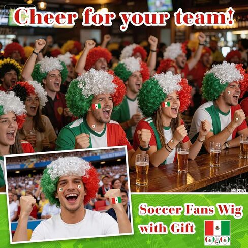 Mexican Flag Colors Afro Wig for 2026 World Soccer Game Sport Cup, National Flag Green White Red Curly Afro Wig Hair for Women Men Cheering Fans Costume Outfit Sports Football Party Supplies in Saudi Arabia