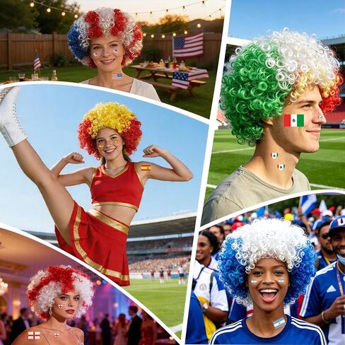 Mexican Flag Colors Afro Wig for 2026 World Soccer Game Sport Cup, National Flag Green White Red Curly Afro Wig Hair for Women Men Cheering Fans Costume Outfit Sports Football Party Supplies in Saudi Arabia