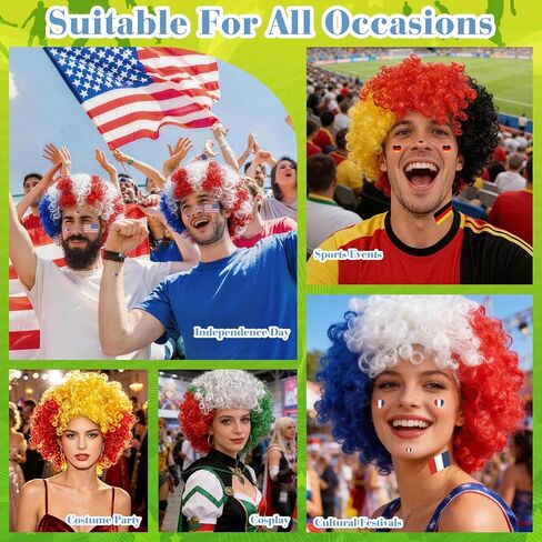 Mexican Flag Colors Afro Wig for 2026 World Soccer Game Sport Cup, National Flag Green White Red Curly Afro Wig Hair for Women Men Cheering Fans Costume Outfit Sports Football Party Supplies in Saudi Arabia