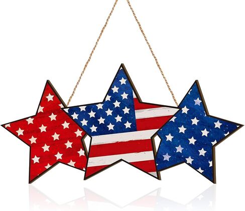 4th of July Hanging Door Sign Wooden Independence Day Decorations Patriotic Door Hanger American Rustic Wooden Plaque for Patriotic Wreath, Summer Wreaths for Front Door, Memorial Day Garland(A) in Saudi Arabia