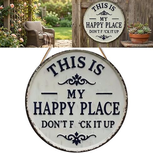 Funny Garden Metal Sign, 12/8 in This Is My Happy Place Don't F It up Sign, Vintage Tin Plaque for Outdoor Garden Patio Home Wall Decor Humorous Housewarming Welcome Sign for Office Bar(#A, 12in) in Kuwait