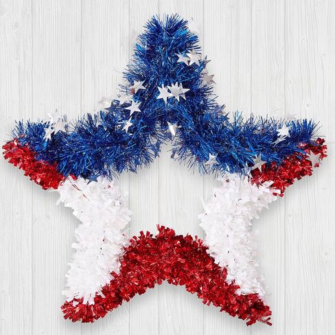 VeriNatural 4th of July Decorations - 19.5in Patriotic Red White and Blue Star Wreath - Independence Day Tinsel Wreath for Indoor Outdoor,Golf Cart, Party,Door and Wall Hanging Decor in Saudi Arabia