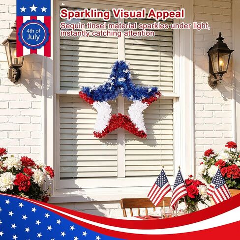 VeriNatural 4th of July Decorations - 19.5in Patriotic Red White and Blue Star Wreath - Independence Day Tinsel Wreath for Indoor Outdoor,Golf Cart, Party,Door and Wall Hanging Decor in Saudi Arabia