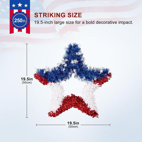 VeriNatural 4th of July Decorations - 19.5in Patriotic Red White and Blue Star Wreath - Independence Day Tinsel Wreath for Indoor Outdoor,Golf Cart, Party,Door and Wall Hanging Decor in Saudi Arabia