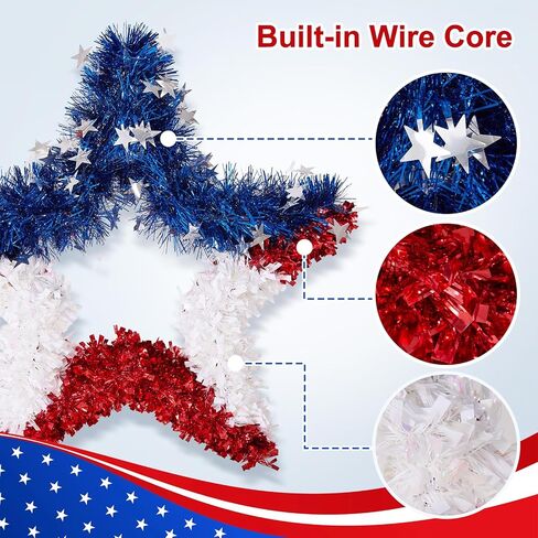 VeriNatural 4th of July Decorations - 19.5in Patriotic Red White and Blue Star Wreath - Independence Day Tinsel Wreath for Indoor Outdoor,Golf Cart, Party,Door and Wall Hanging Decor in Saudi Arabia