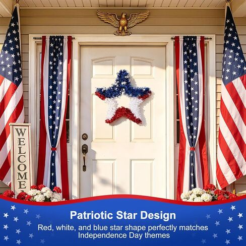 VeriNatural 4th of July Decorations - 19.5in Patriotic Red White and Blue Star Wreath - Independence Day Tinsel Wreath for Indoor Outdoor,Golf Cart, Party,Door and Wall Hanging Decor in Saudi Arabia