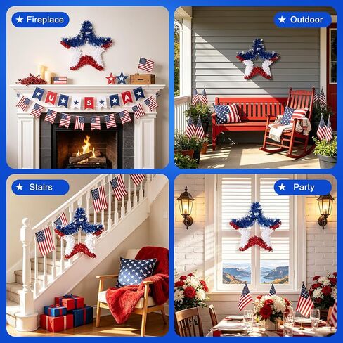 VeriNatural 4th of July Decorations - 19.5in Patriotic Red White and Blue Star Wreath - Independence Day Tinsel Wreath for Indoor Outdoor,Golf Cart, Party,Door and Wall Hanging Decor in Saudi Arabia