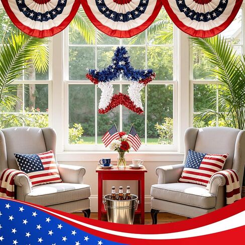 VeriNatural 4th of July Decorations - 19.5in Patriotic Red White and Blue Star Wreath - Independence Day Tinsel Wreath for Indoor Outdoor,Golf Cart, Party,Door and Wall Hanging Decor in Saudi Arabia